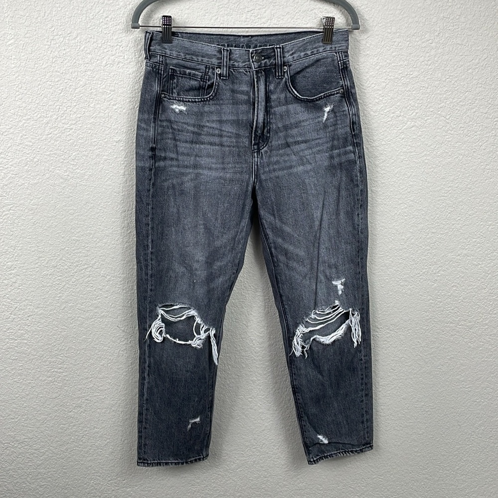 American Eagle High Rise Distressed Busted Knee Jeans Washed Faded Black Sz 6 S